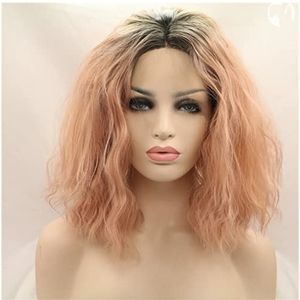 Peach Pink Ombre Synthetic Lace Front Wig Water Wave Short Bob